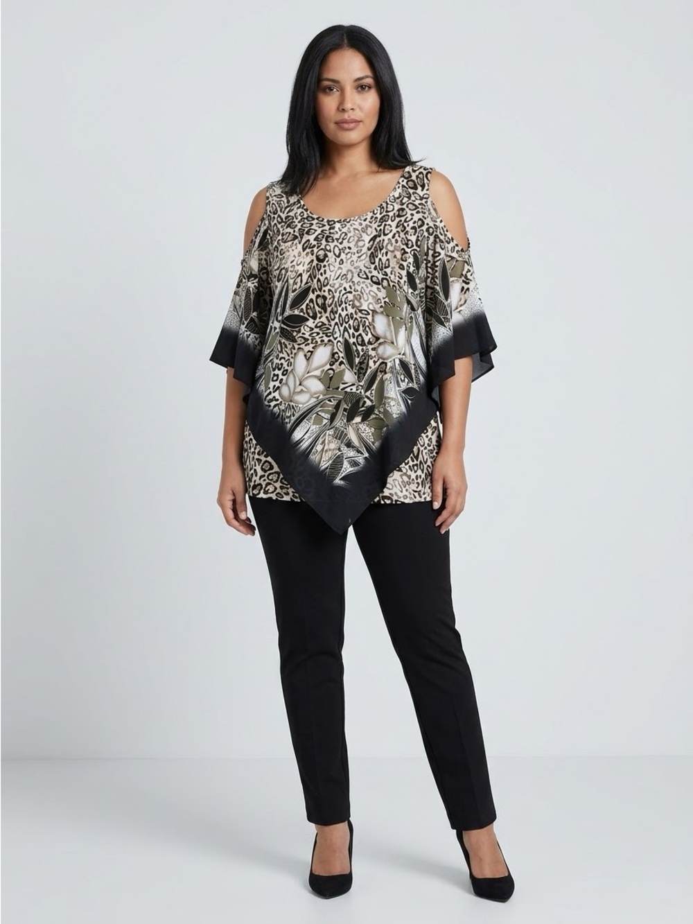 Slim Factor by Investments 2X Animal Botanical Cold Shoulder Top
